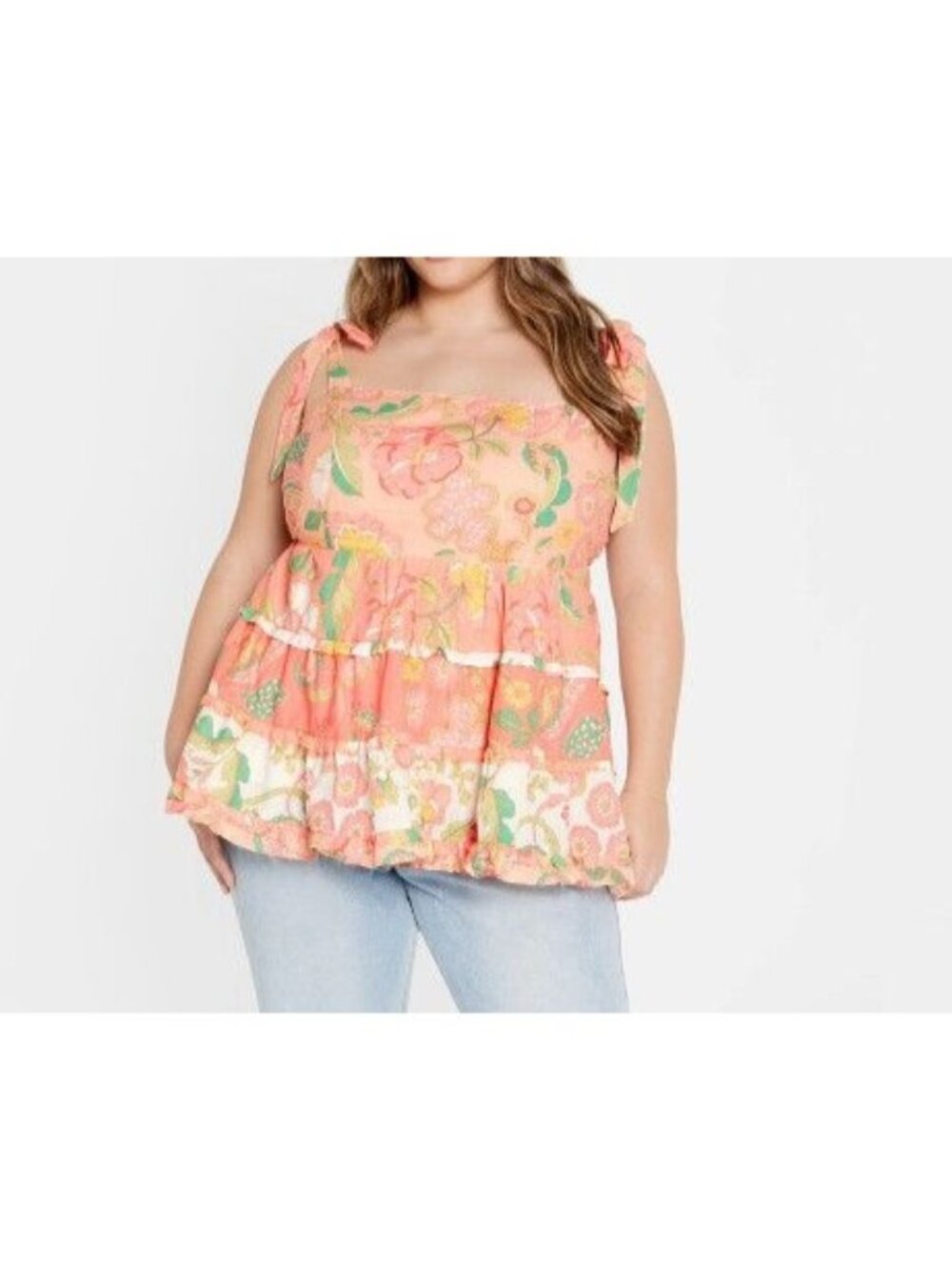 City Chic Cleo Babydoll Top Tie Shoulder Strap Sleeves Floral Pink Size 16 NEW